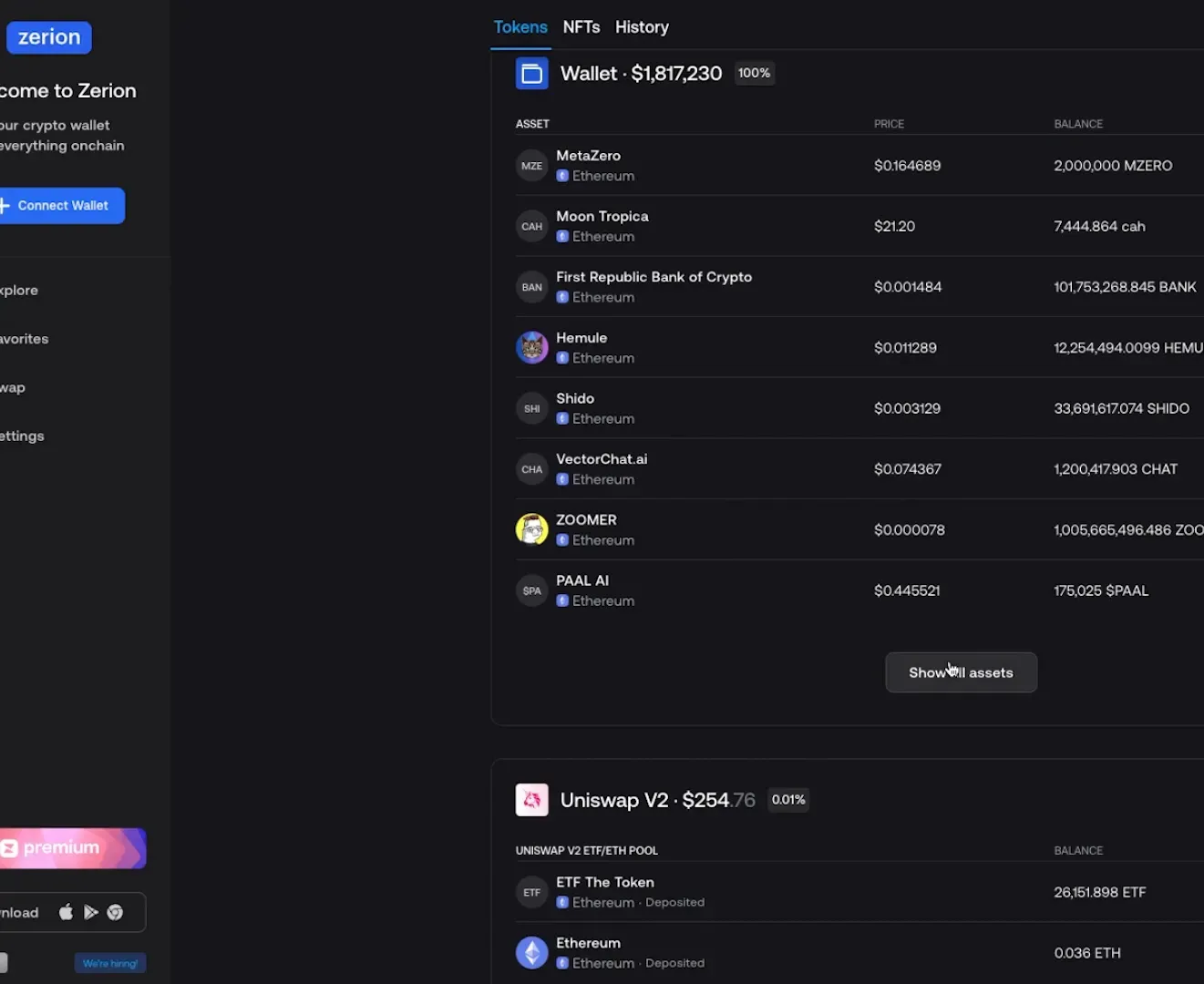 Zerion wallet tracking showing gains and losses of whale wallet