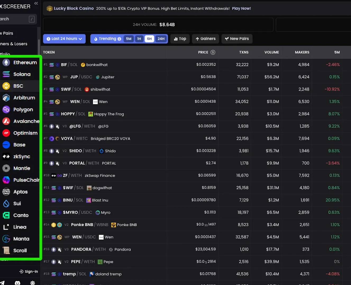DEX Screener showing Solana projects with liquidity and volume filters applied