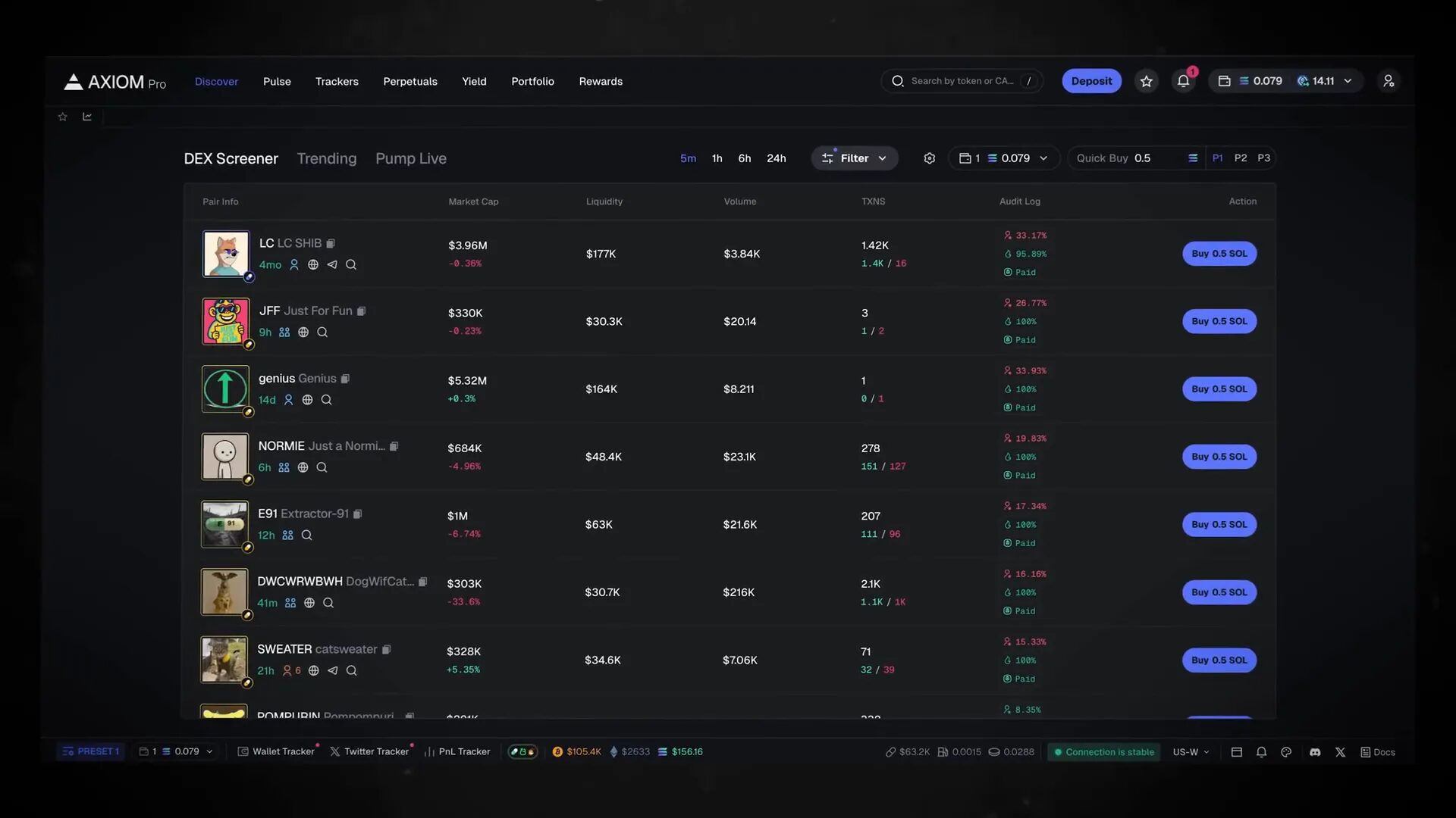 Axiom Discovery page showing DEX screener, trending tokens, and pump live
