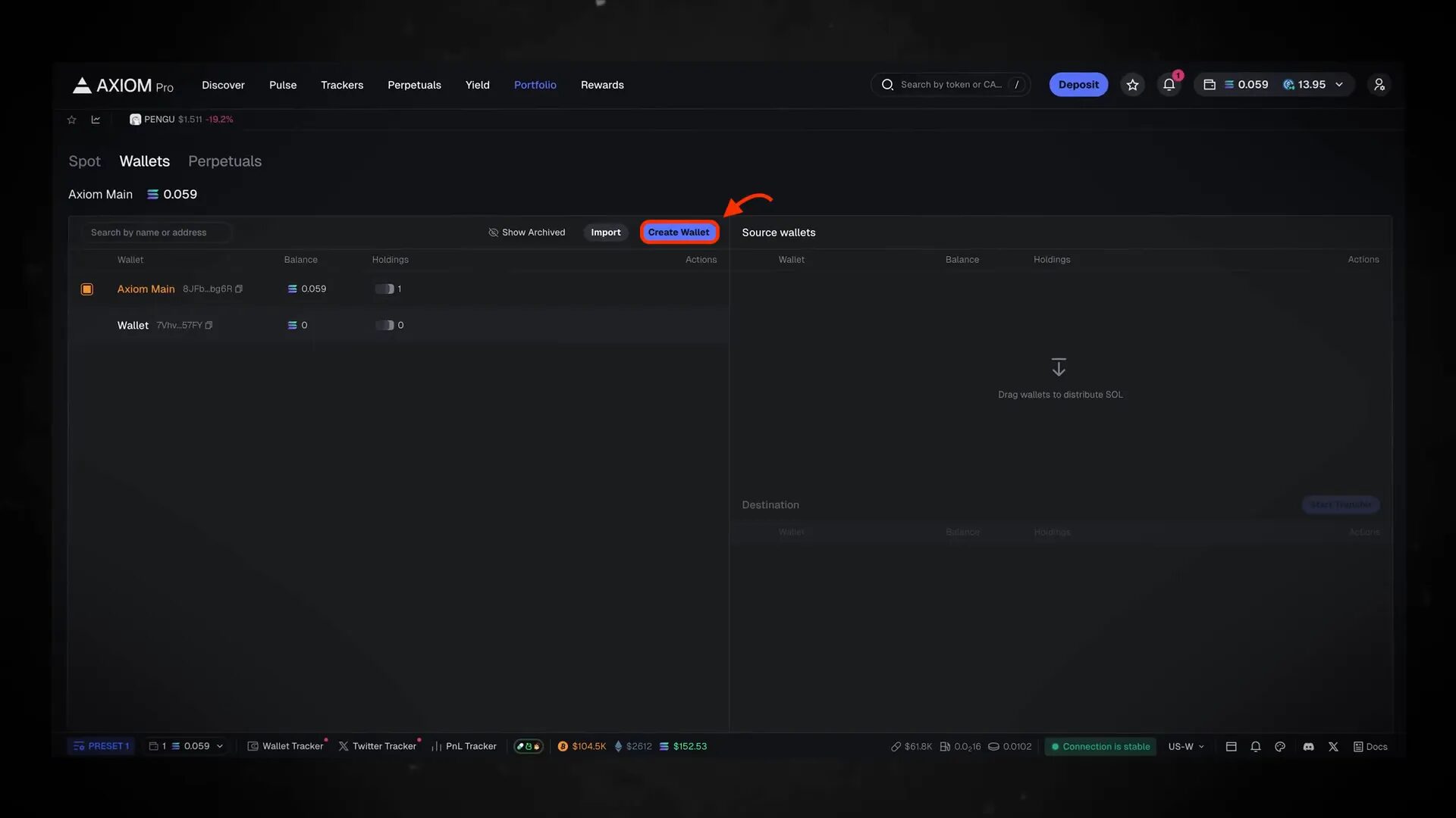 Axiom portfolio management interface showing wallet creation and consolidation features