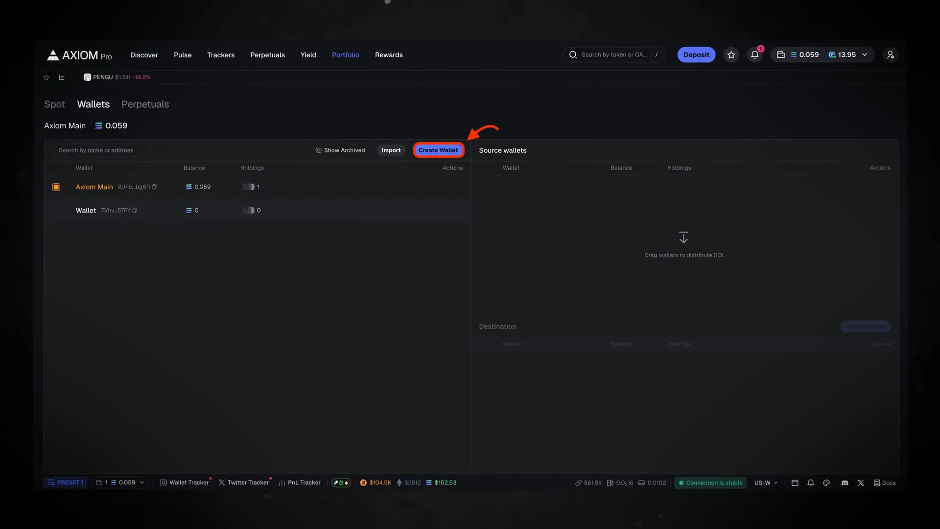 Axiom portfolio management interface showing wallet creation and consolidation features