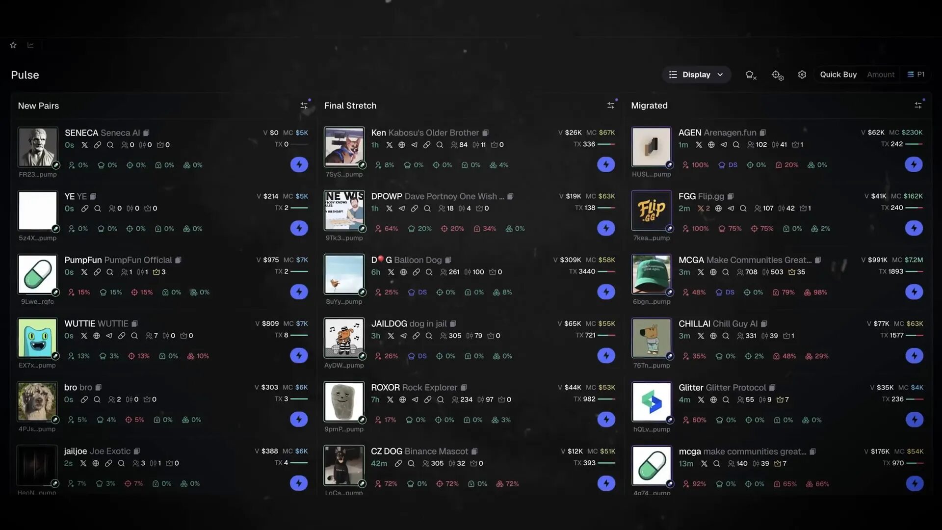 Pulse page showing new pairs, final stretch, and migrated tokens