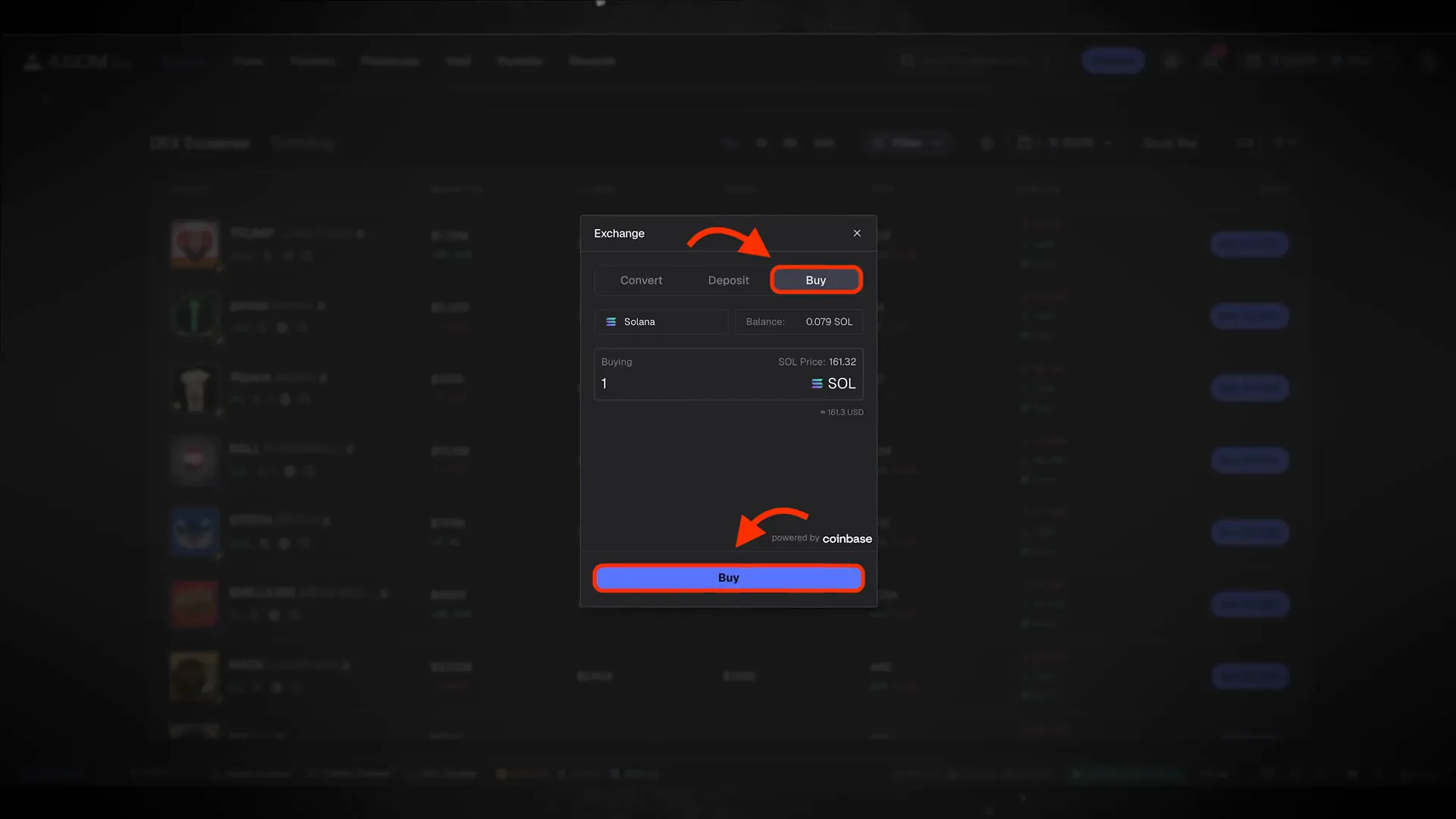 Funding Axiom wallet with SOL via deposit or Coinbase integration