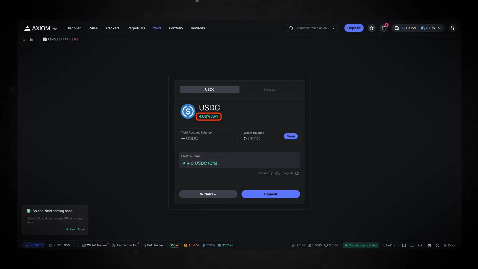 Axiom yield tab showing USDC deposit and passive income accrual