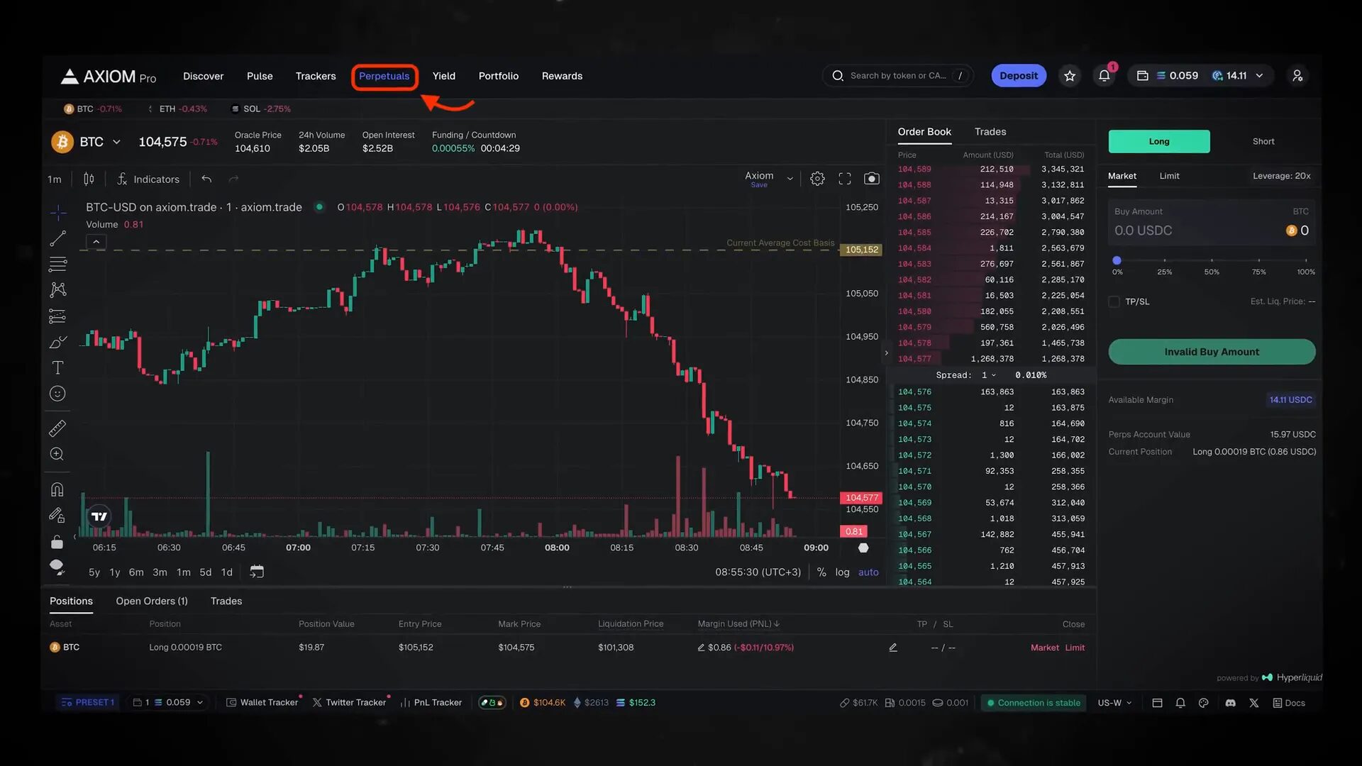 Axiom perpetual futures trading interface with leverage and position management