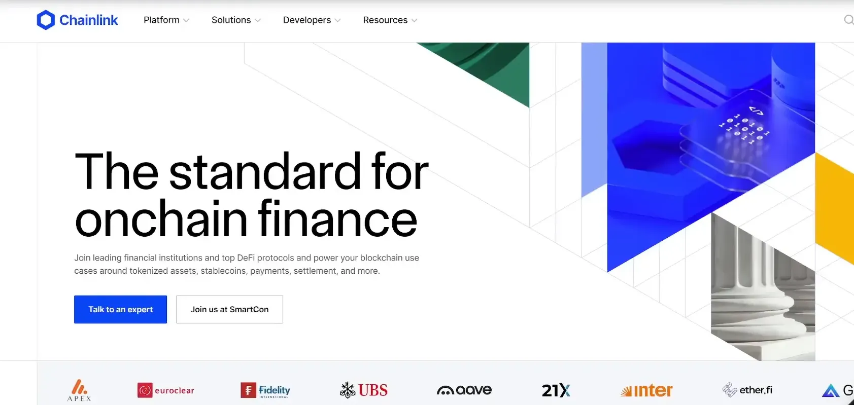 Chainlink website screenshot showing logos of Fidelity, UBS, Euroclear and other partners