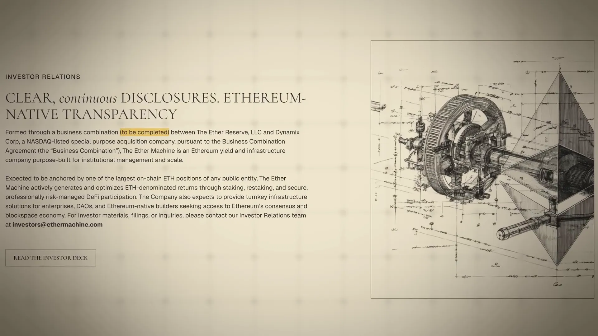 The Ether Machine teaser slide showing their logo and ticker plans (ETHM)