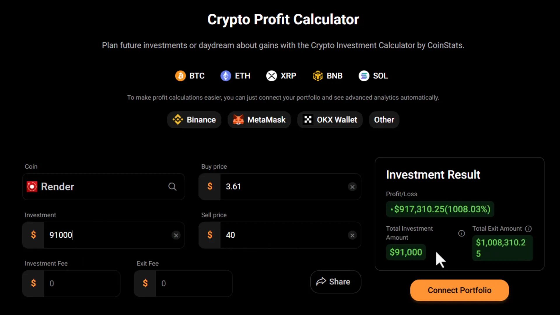 Crypto profit calculator example and token counts