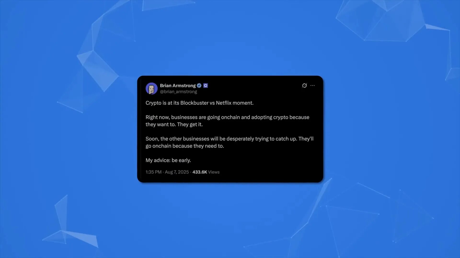 Tweet from a crypto CEO comparing crypto to Netflix's blockbuster moment