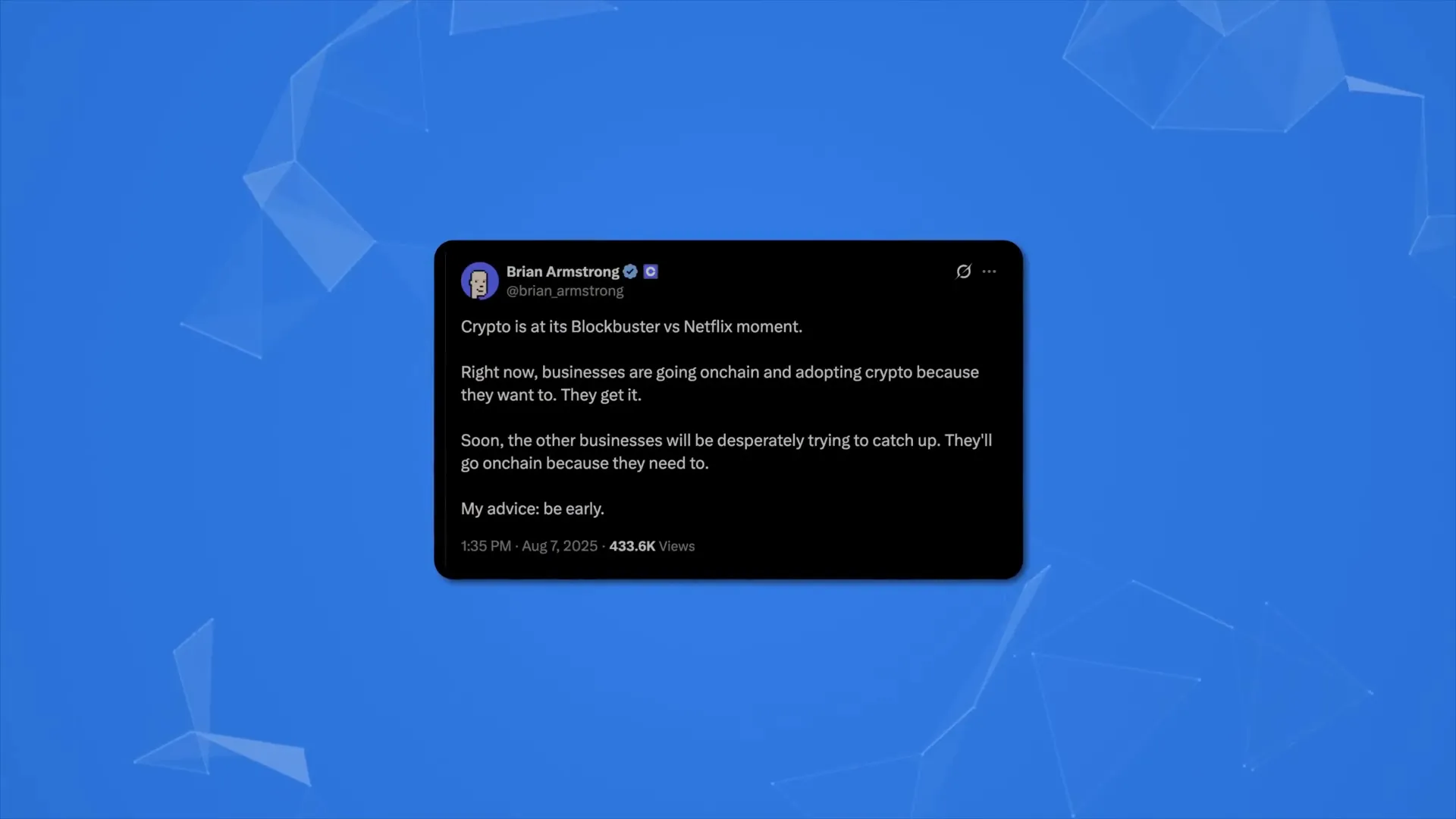 Tweet from a crypto CEO comparing crypto to Netflix's blockbuster moment