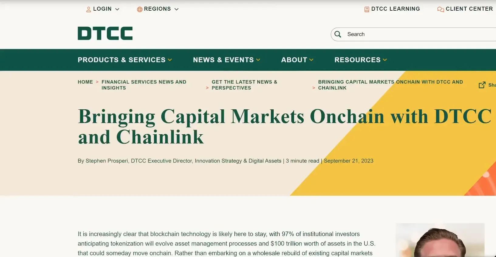 DTCC collaboration snapshot showing Chainlink pilot for capital markets on chain