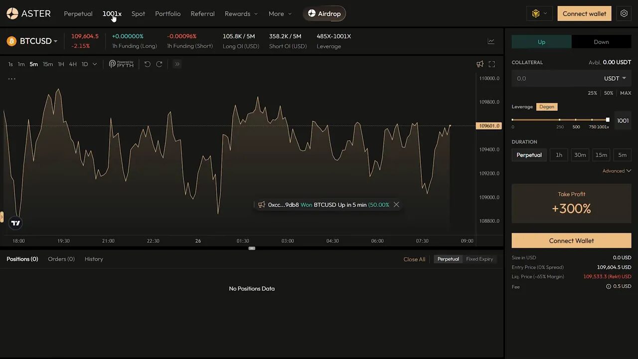Aster 1001x mode interface for one-click high-leverage trading