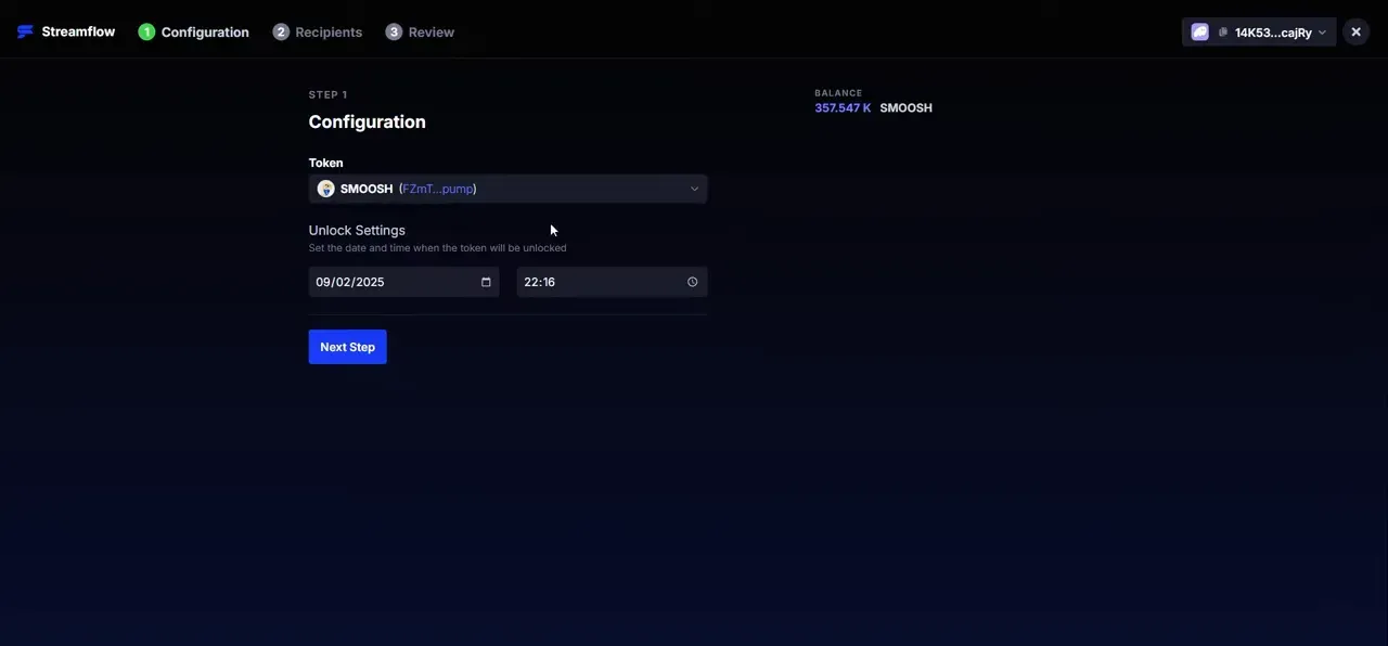 Streamflow token lock interface with lock date and amount
