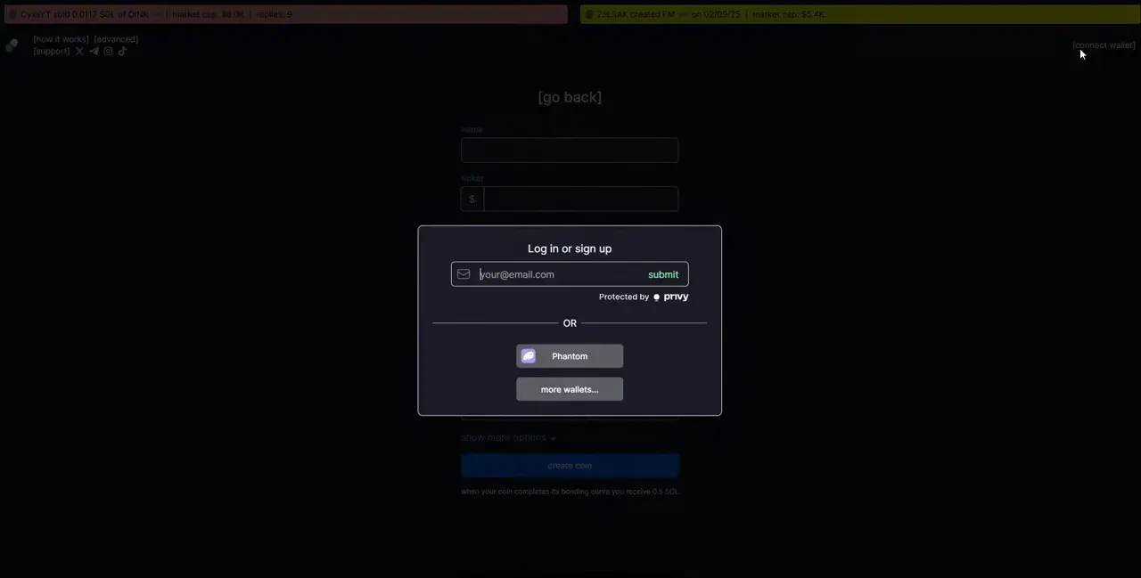 Pump.Fun start new coin screen and connect wallet prompt