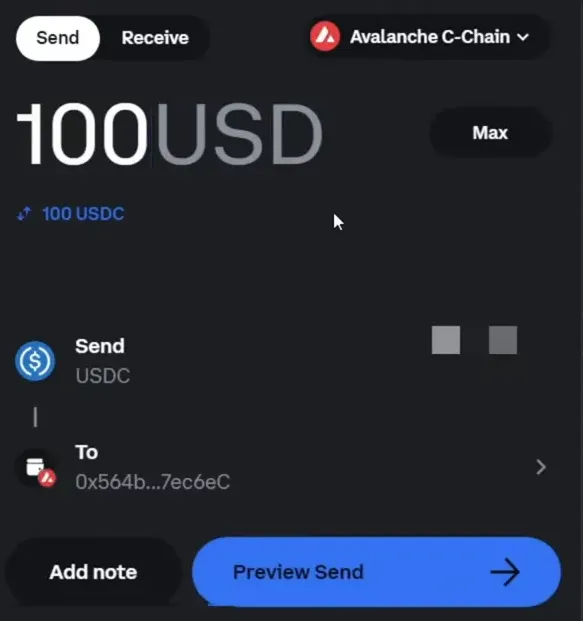 Paste SimpleSwap deposit address into Coinbase send field and confirm Avalanche network