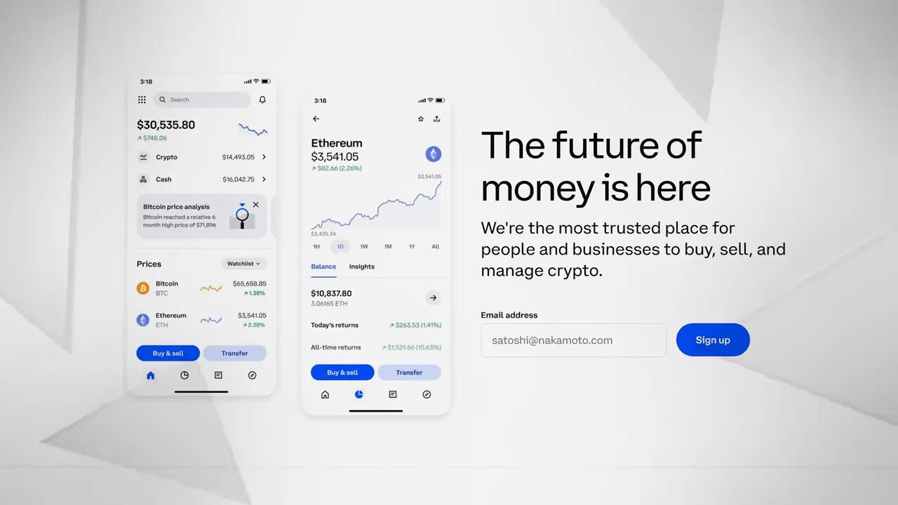 Coinbase app displaying many supported cryptocurrencies