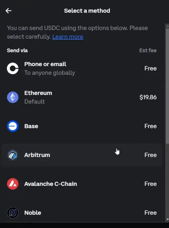 Coinbase send USDC — choosing networks like Avalanche to save on gas