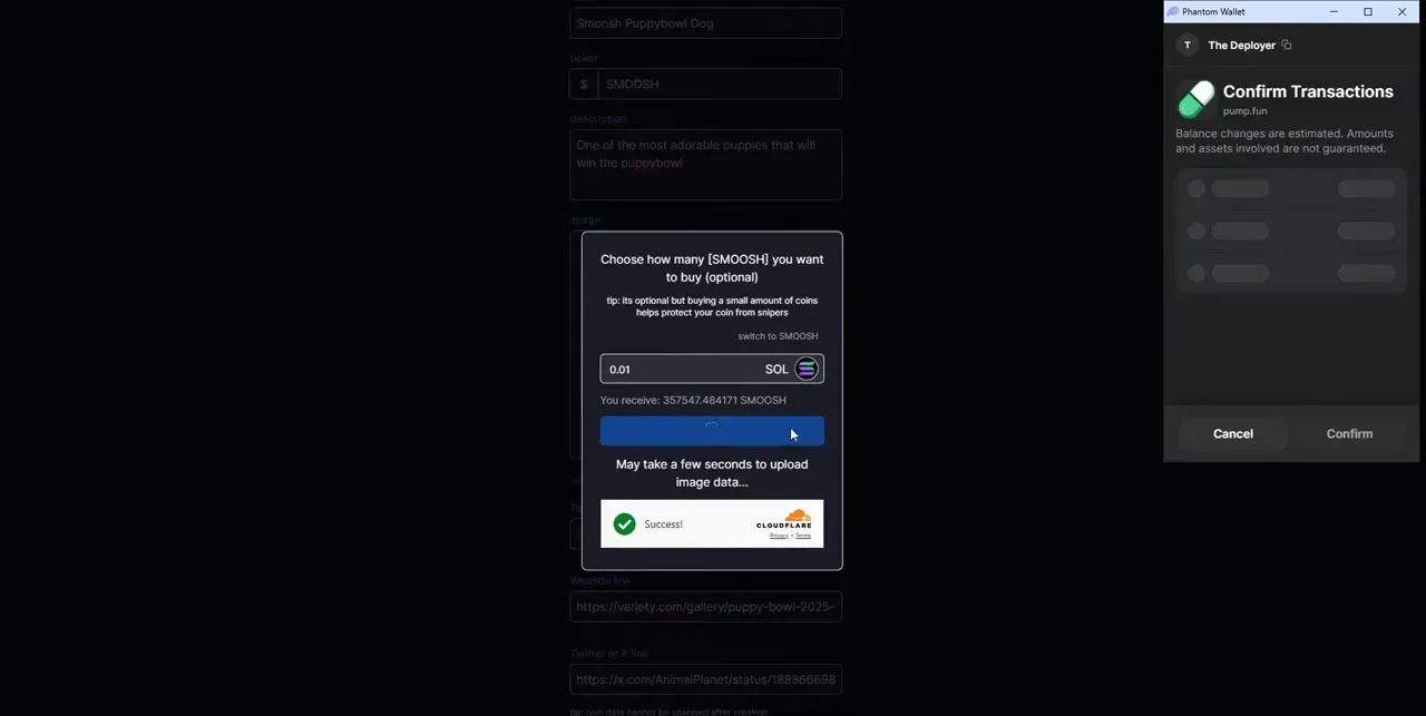 Creating the coin on Pump.Fun — confirm creation and minimum buy