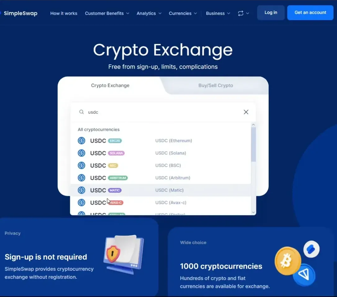 SimpleSwap.io exchange screen — select USDC AVAX and Kaspa