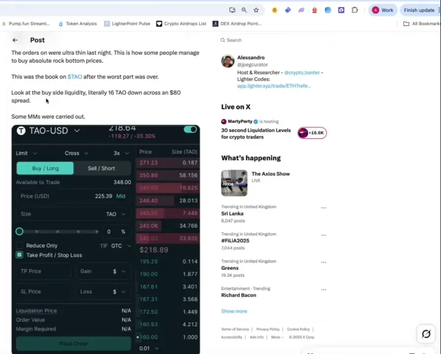 Hyperliquid order book screenshot for TAL showing extreme spread and thin bids