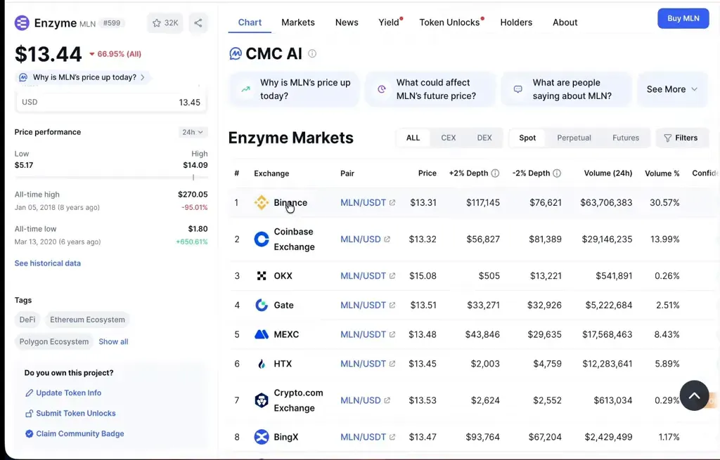 Mention of Binance and Coinbase listings for MLN
