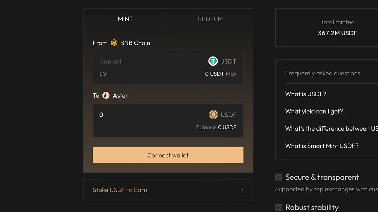USDF minting interface showing deposit USDT