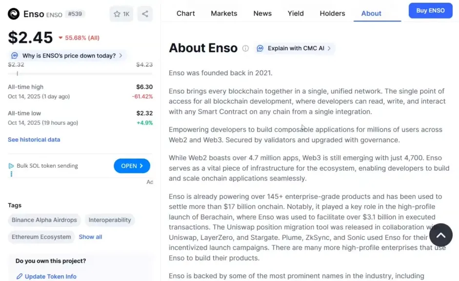 Text overlay describing Enso as a single unified network for developers