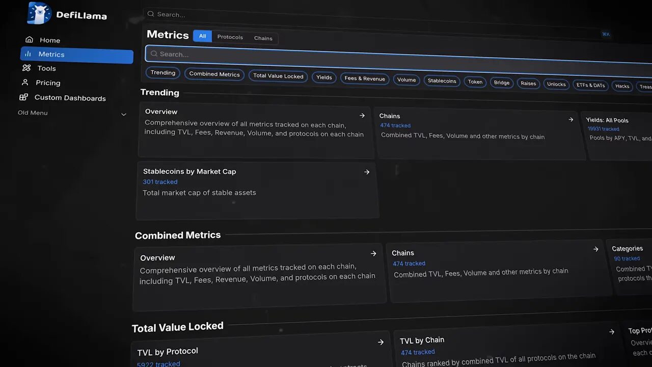 DAppRadar and DeFiLlama dashboards