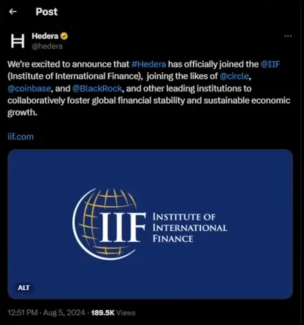 Announcement text: Hedera has officially joined the Institute of International Finance