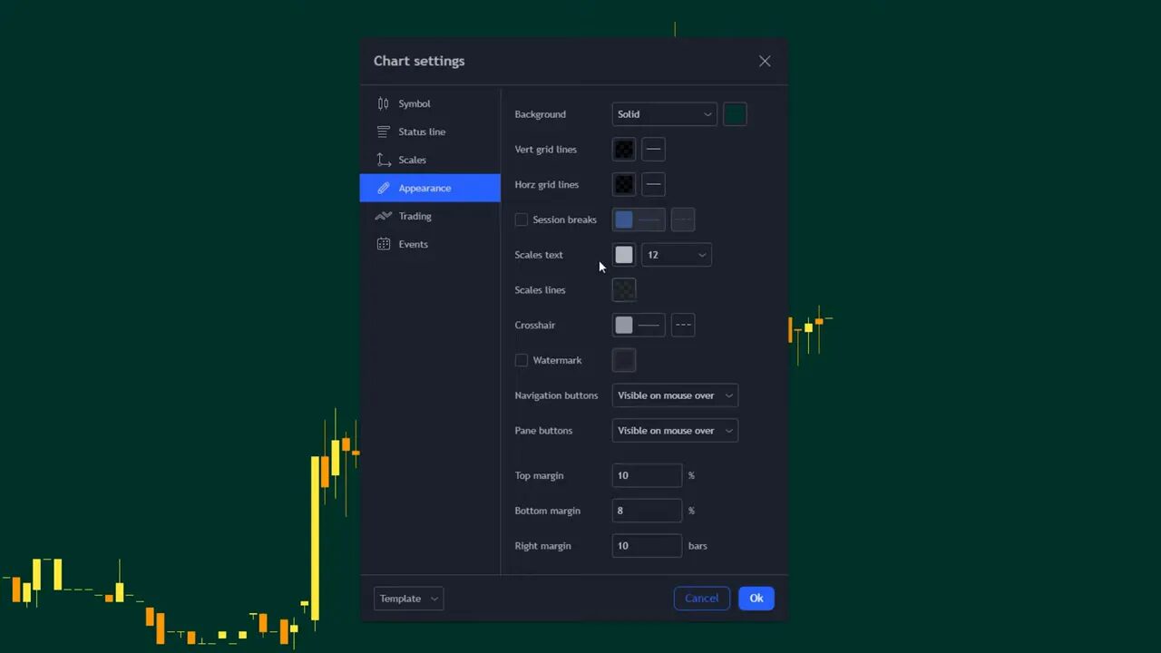 TradingView Chart Settings dialog in dark mode with the Appearance tab open and a green chart background with yellow candlesticks visible.
