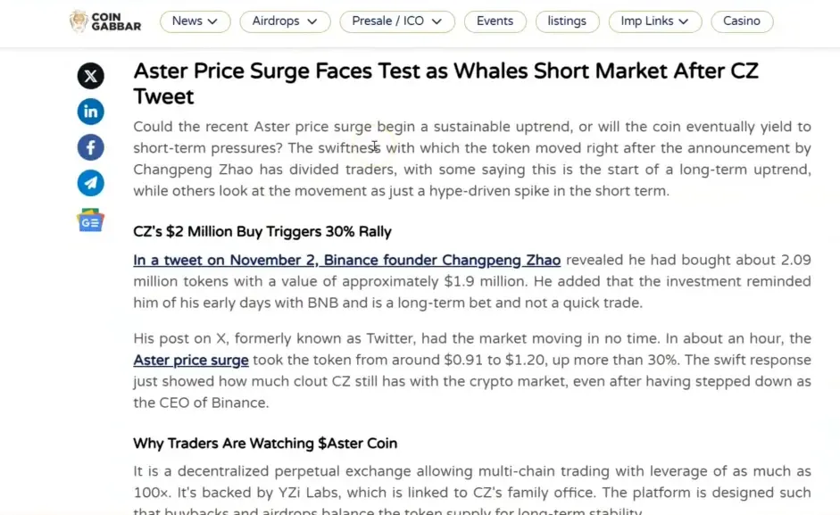 Screenshot of CZ tweet confirming purchase of 2.09 million Aster tokens