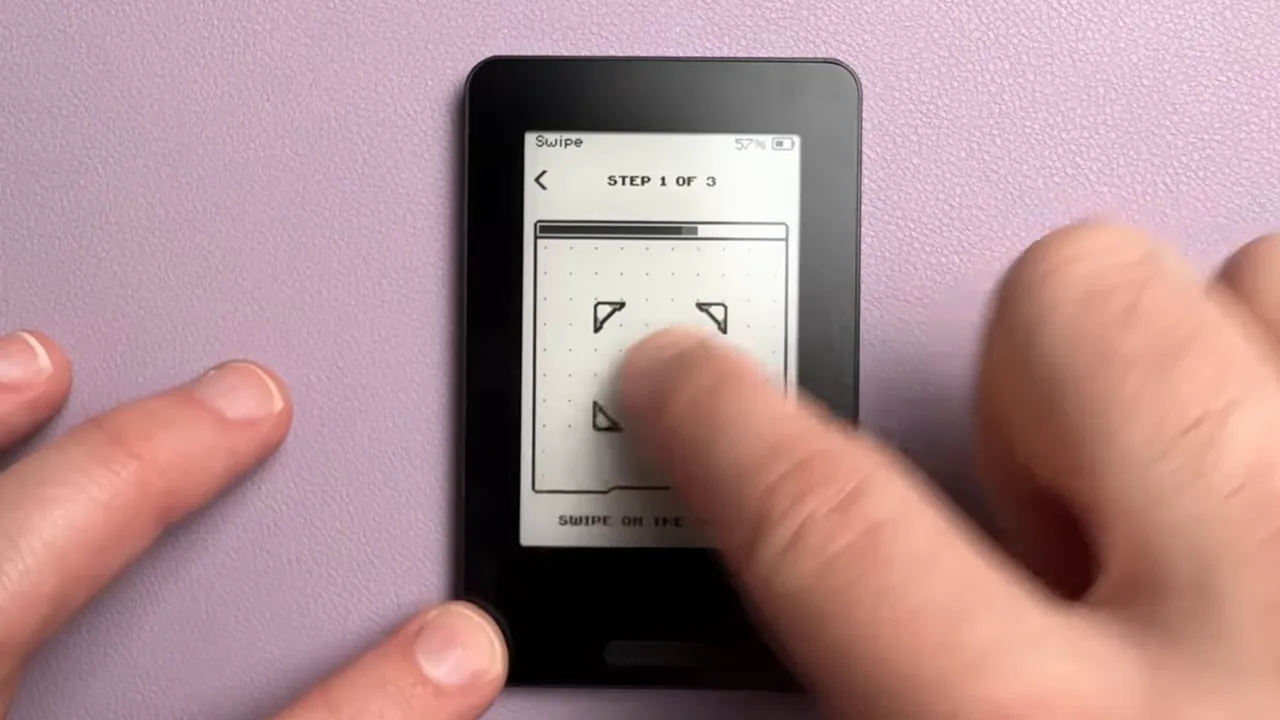 Close-up of the Era device touchscreen showing 'STEP 1 OF 3' with a finger performing a swipe gesture.