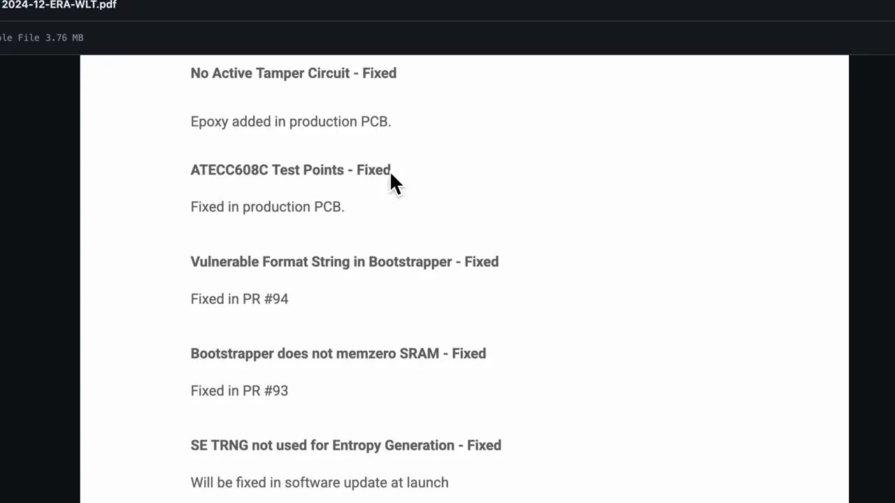 Close-up of the Era Key Labs audit PDF showing entries such as 'No Active Tamper Circuit - Fixed' and 'ATECC608C Test Points - Fixed' with a cursor pointing at the text