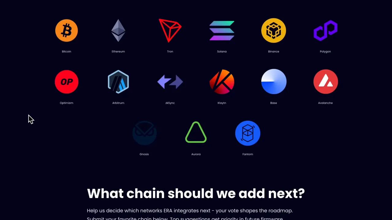 Era website showing a row of network icons with the question 'What chain should we add next?' visible below.
