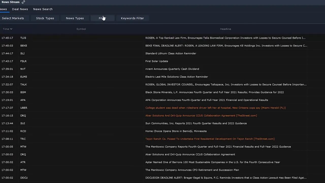 News Stream interface showing filter controls and a live list of ticker headlines in a dark theme