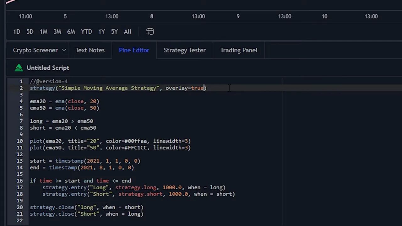 Pine Editor code with strategy declaration using overlay=true and EMA plot lines.