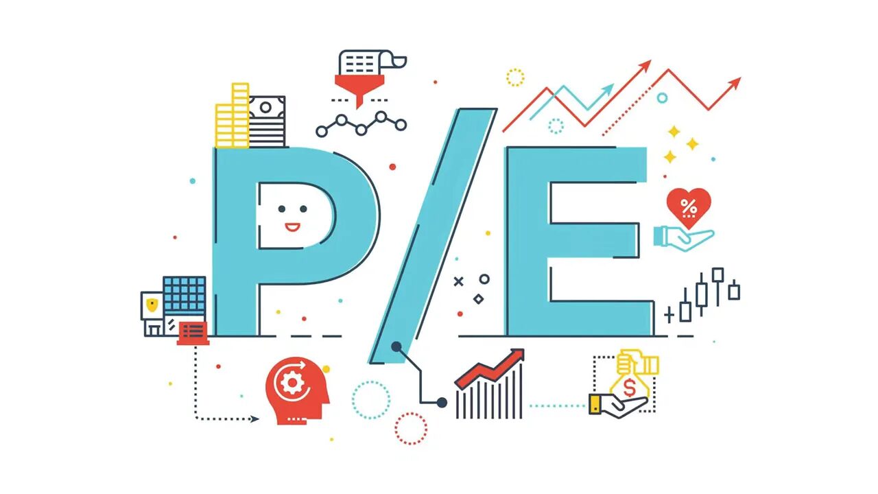 Large illustrated 'P/E' graphic with charts, icons and financial motifs