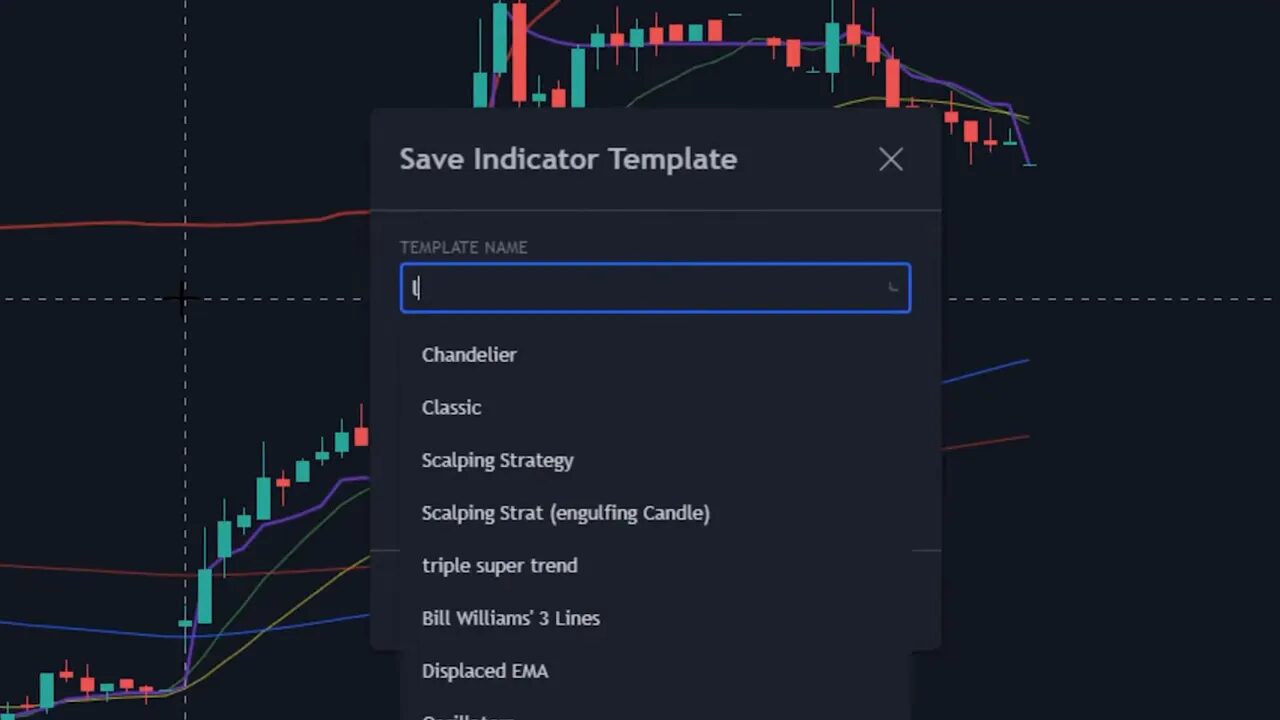 Save Indicator Template dialog on TradingView with a template name field and a list of saved templates.