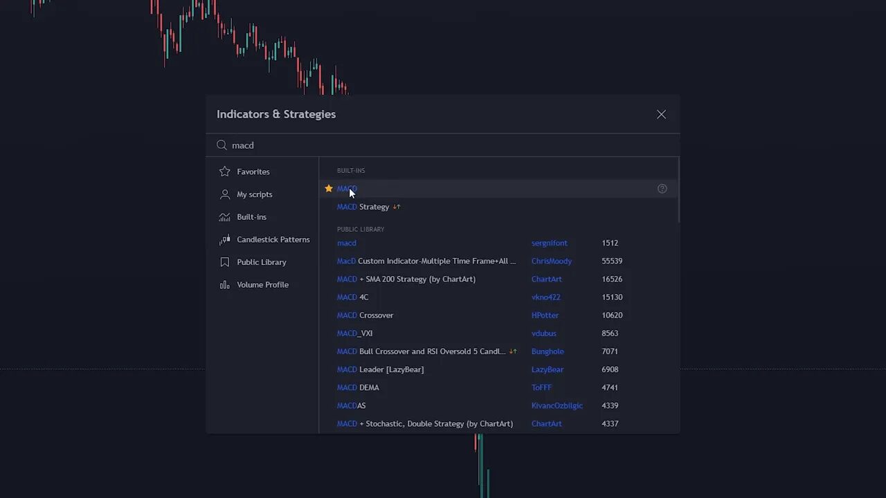 Indicators dialog with MACD searched and the built-in MACD highlighted