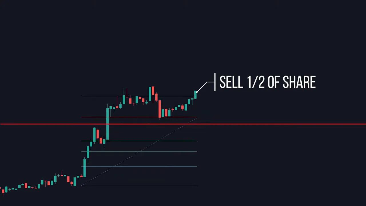 Chart annotated 'SELL 1/2 OF SHARE' pointing to the confirmed breakout on a Fibonacci retracement setup.
