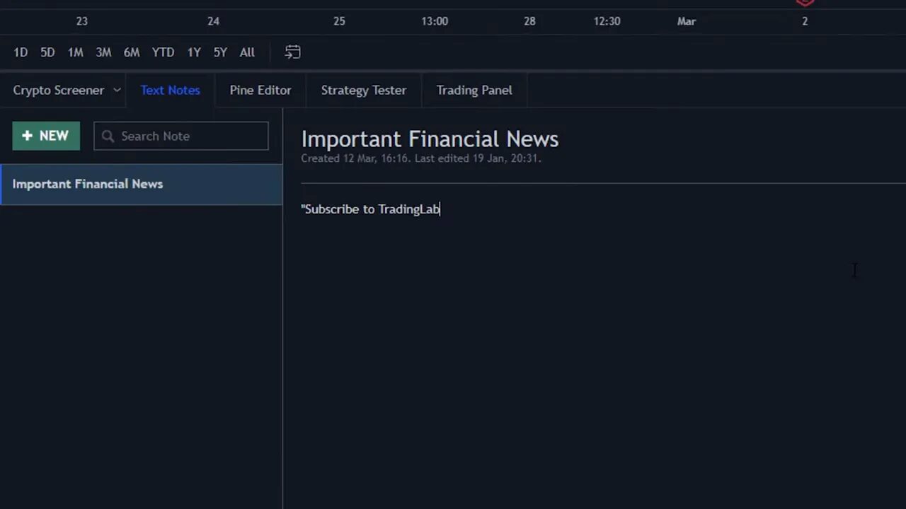 TradingView notes editor with 'Important Financial News' note open and left-hand note list