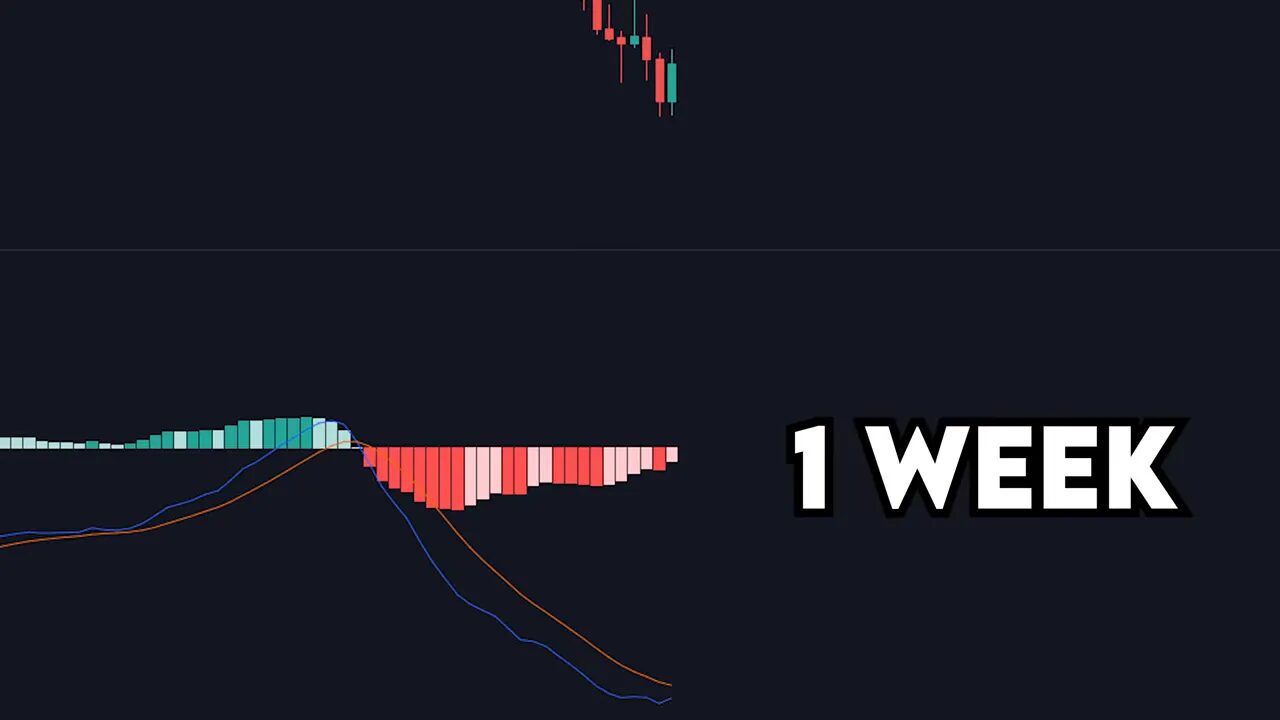 MACD histogram and signal lines labeled '1 WEEK' showing weekly momentum