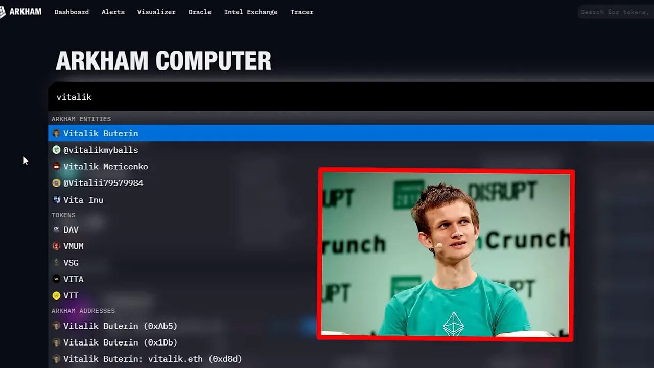 Arkham dashboard search results showing a highlighted developer entry, listed tokens and associated addresses