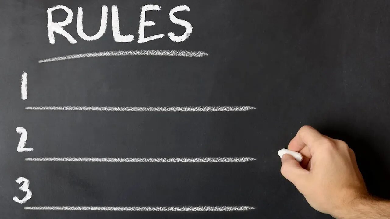 Chalkboard with the word 'RULES' written in chalk and numbered blank lines representing a checklist.