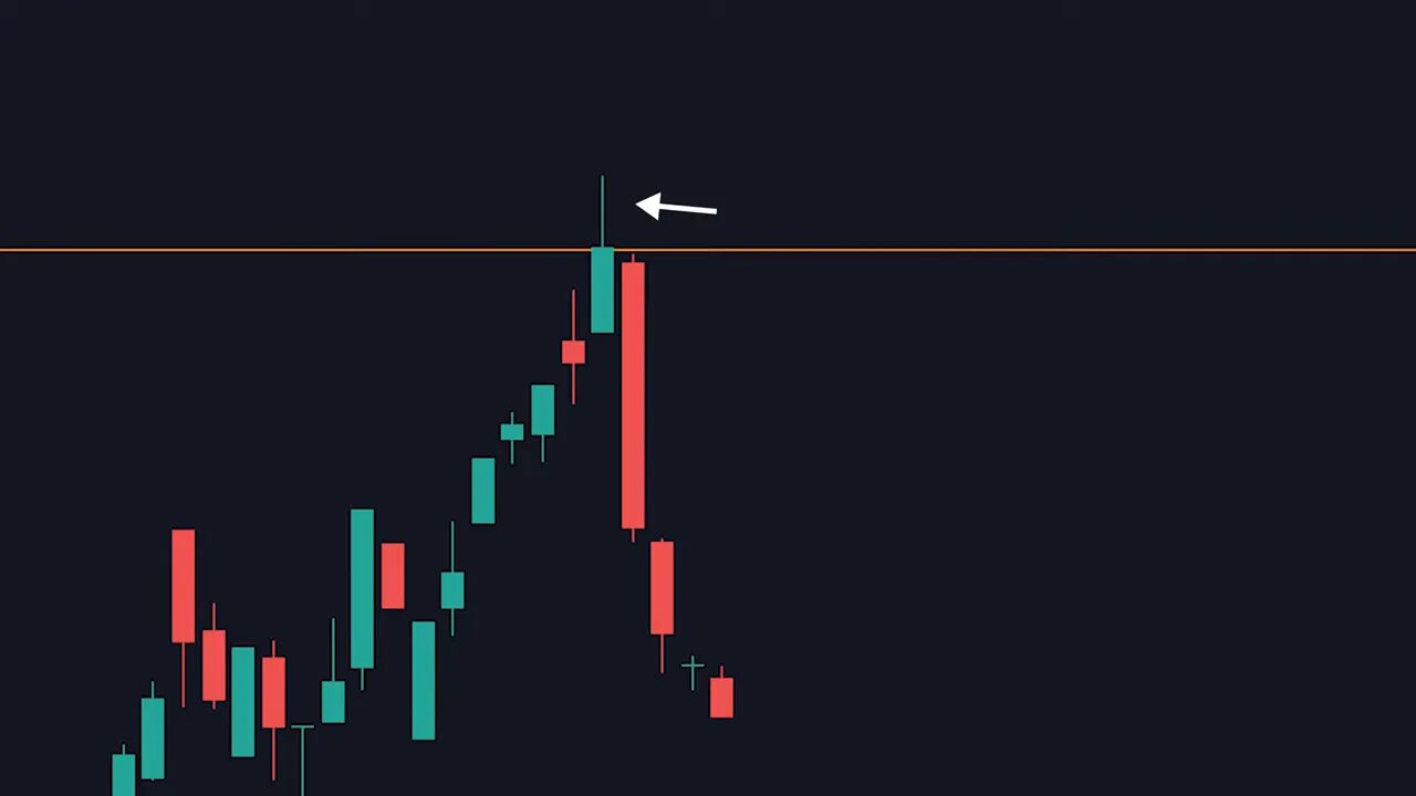 candlestick chart with an arrow pointing to a wick that pokes above an orange resistance line followed by a large red rejection candle