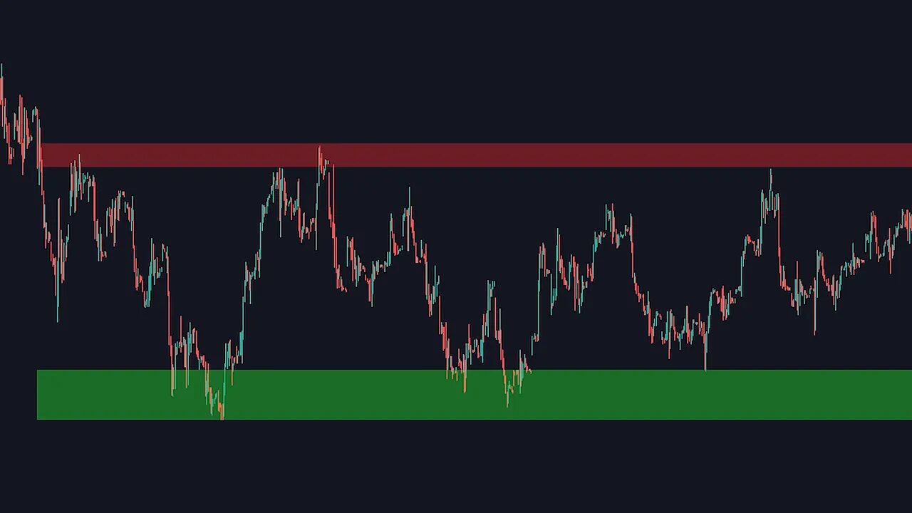 Price chart with a red resistance zone across the top and a green support zone across the bottom showing multiple bounces
