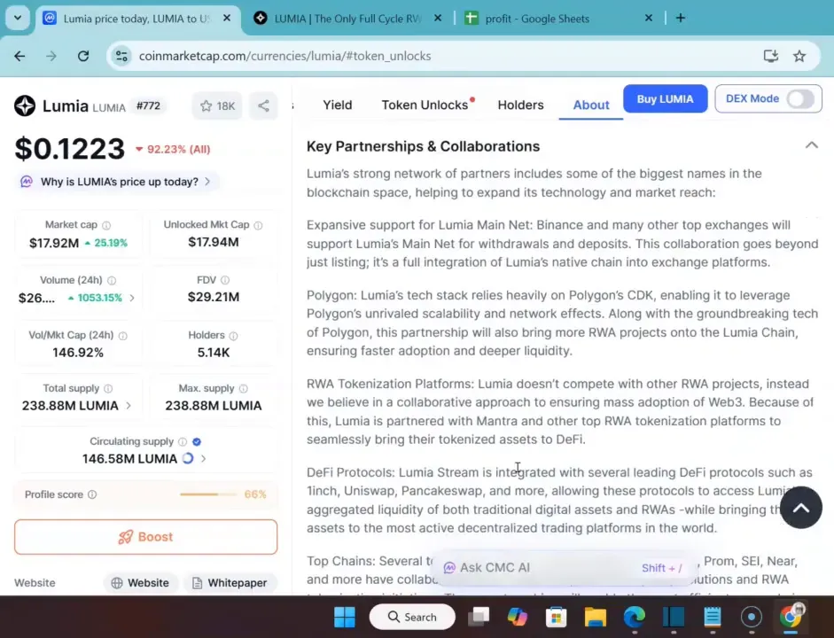 CoinMarketCap Lumia about page focused on 'Key Partnerships & Collaborations' text and partner descriptions