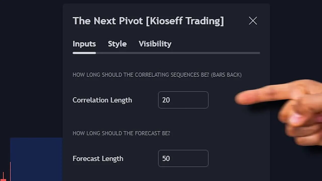 Next Pivot indicator settings panel showing 'Correlation Length 20' and 'Forecast Length 50' with a hand pointing.
