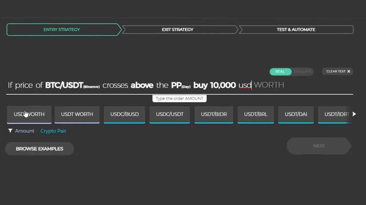 automation builder UI with full rule text 'If price of BTC/USDT crosses above the PP (Day) buy 10,000 usd WORTH' and amount options