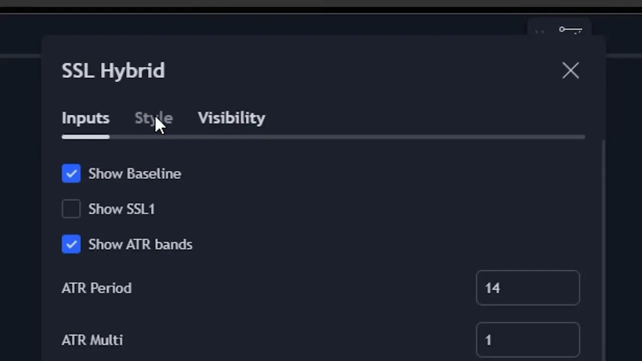 SSL Hybrid settings dialog showing Inputs, Style, and Visibility tabs with options like Show Baseline and Show ATR bands.